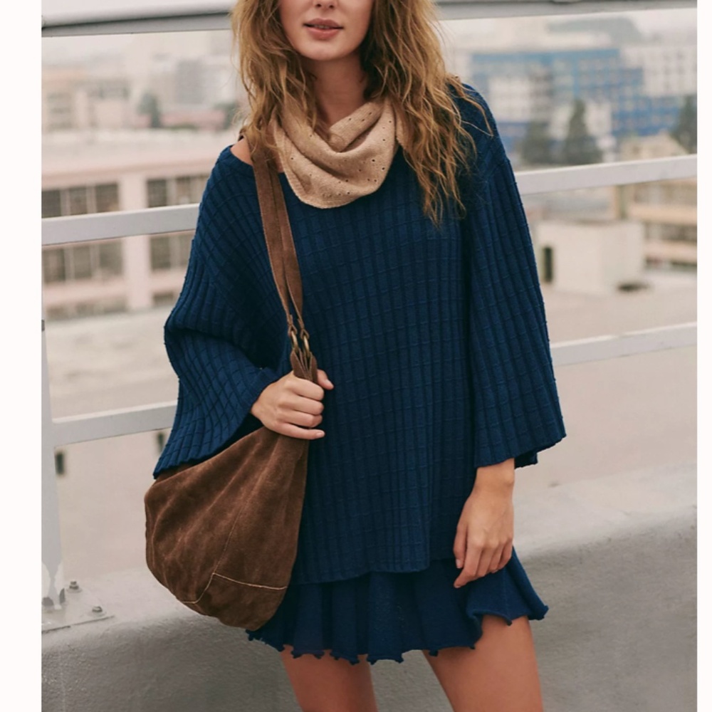 ✨ SALE✨ NEW Free People Kenzie Sweater Mini Skirt Knit Set Navy Blue Cotton